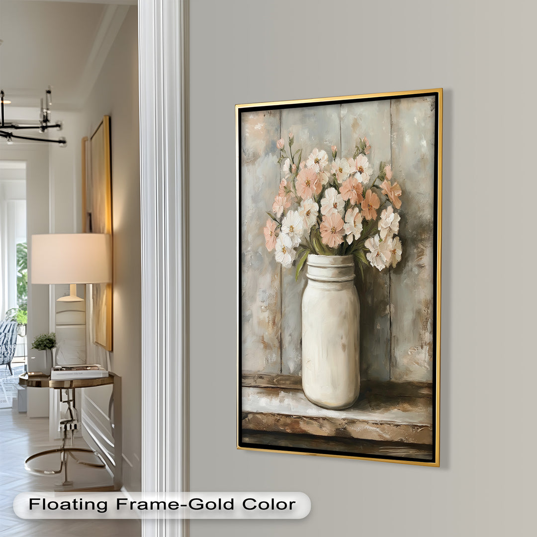 Blush & Cream Blooms – Rustic Mason Jar Flower Oil Painting
