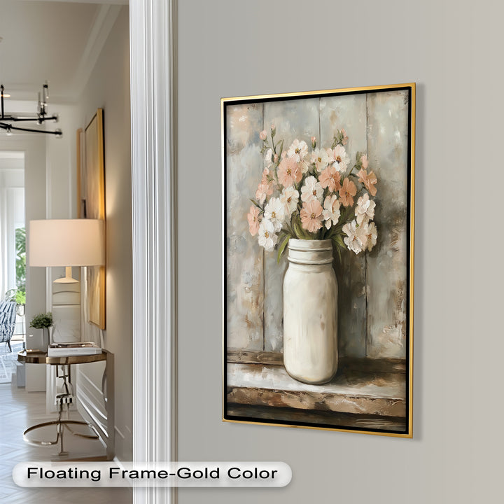 Blush & Cream Blooms – Rustic Mason Jar Flower Oil Painting