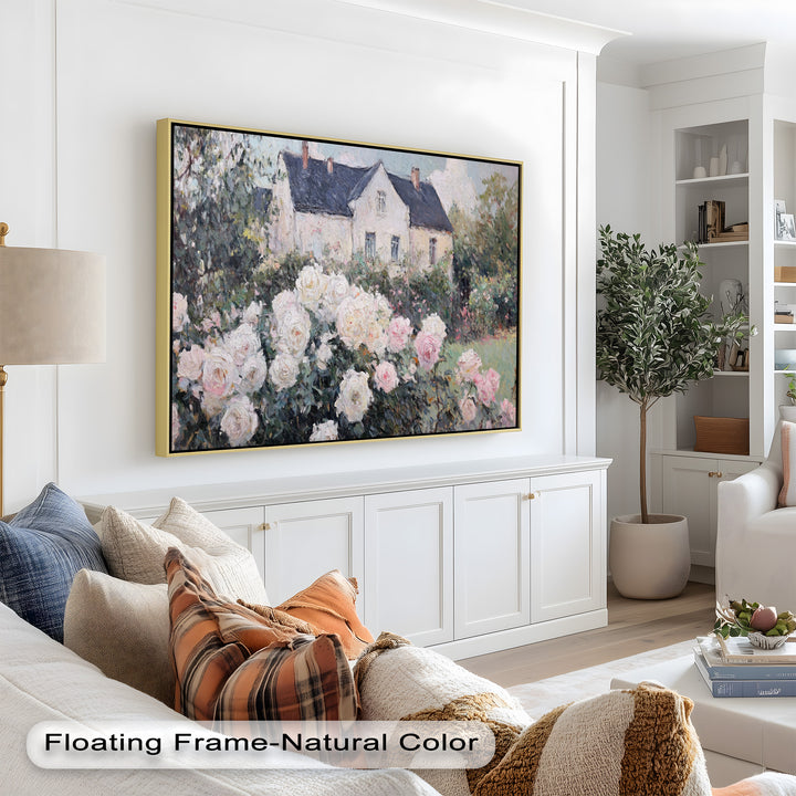 Cottage Garden Roses – Impressionist Floral House Scene Oil Painting