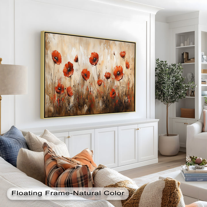 Fiery Meadow – Scarlet Poppies in Earth-Toned Field Flower Oil Painting