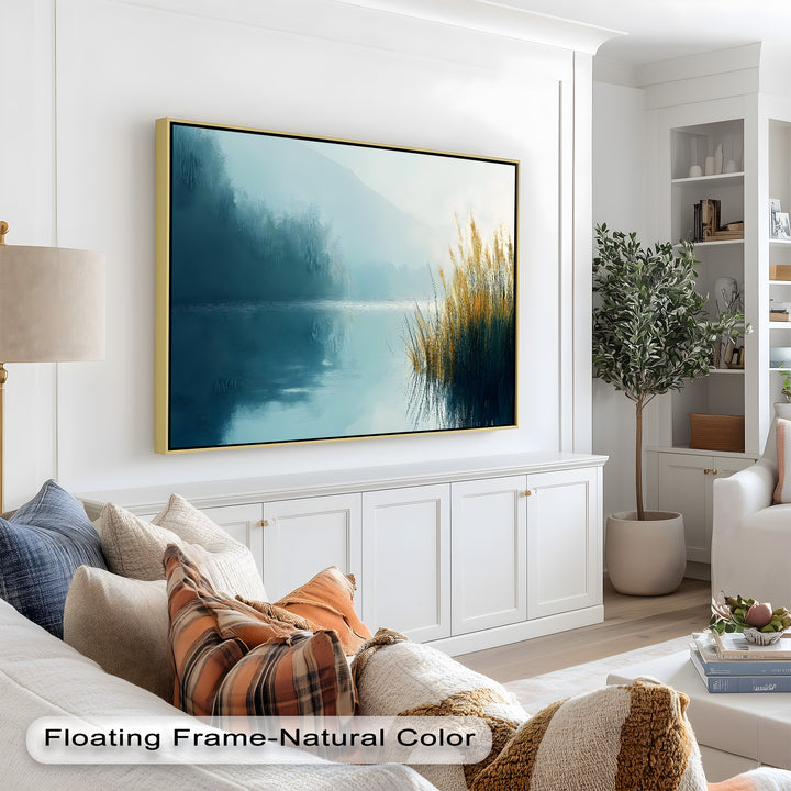 The interplay of light and shadow brings depth to this peaceful nature-inspired artwork, evoking a sense of calm as golden reeds frame a glassy, undisturbed lake.
