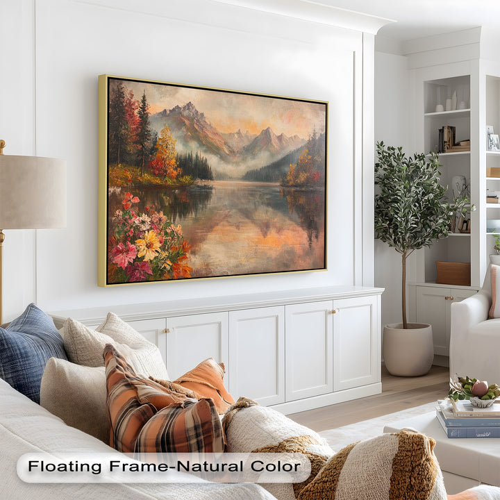A mesmerizing impressionist painting depicting a golden-hued mountain scene with warm sunlight casting a glow over the lake’s glassy surface.

