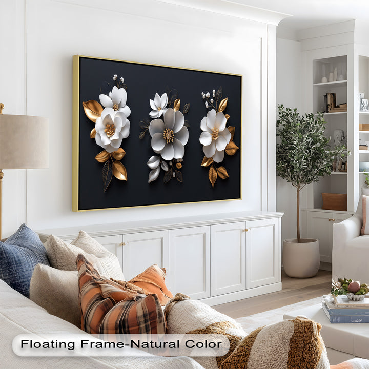 Elegantes Blumentrio – Modernes Ölgemälde in Weiß und Gold