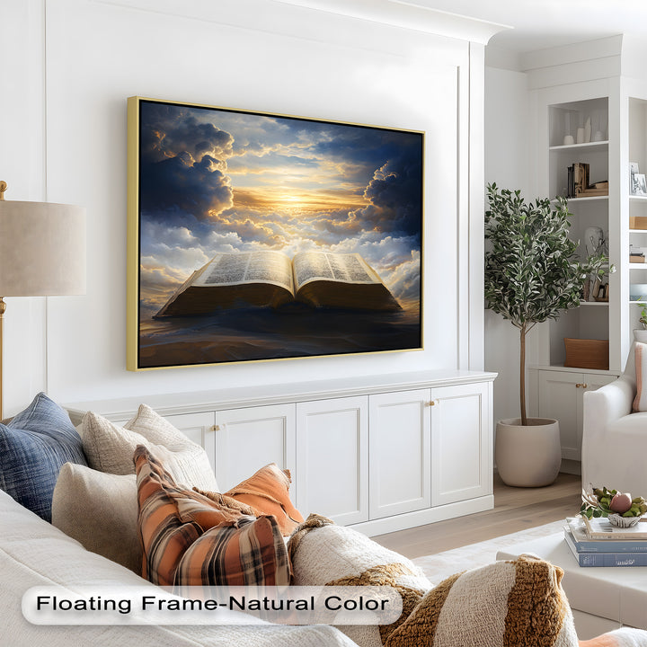 Spiritual Bible wall art with ethereal golden sunrise.
