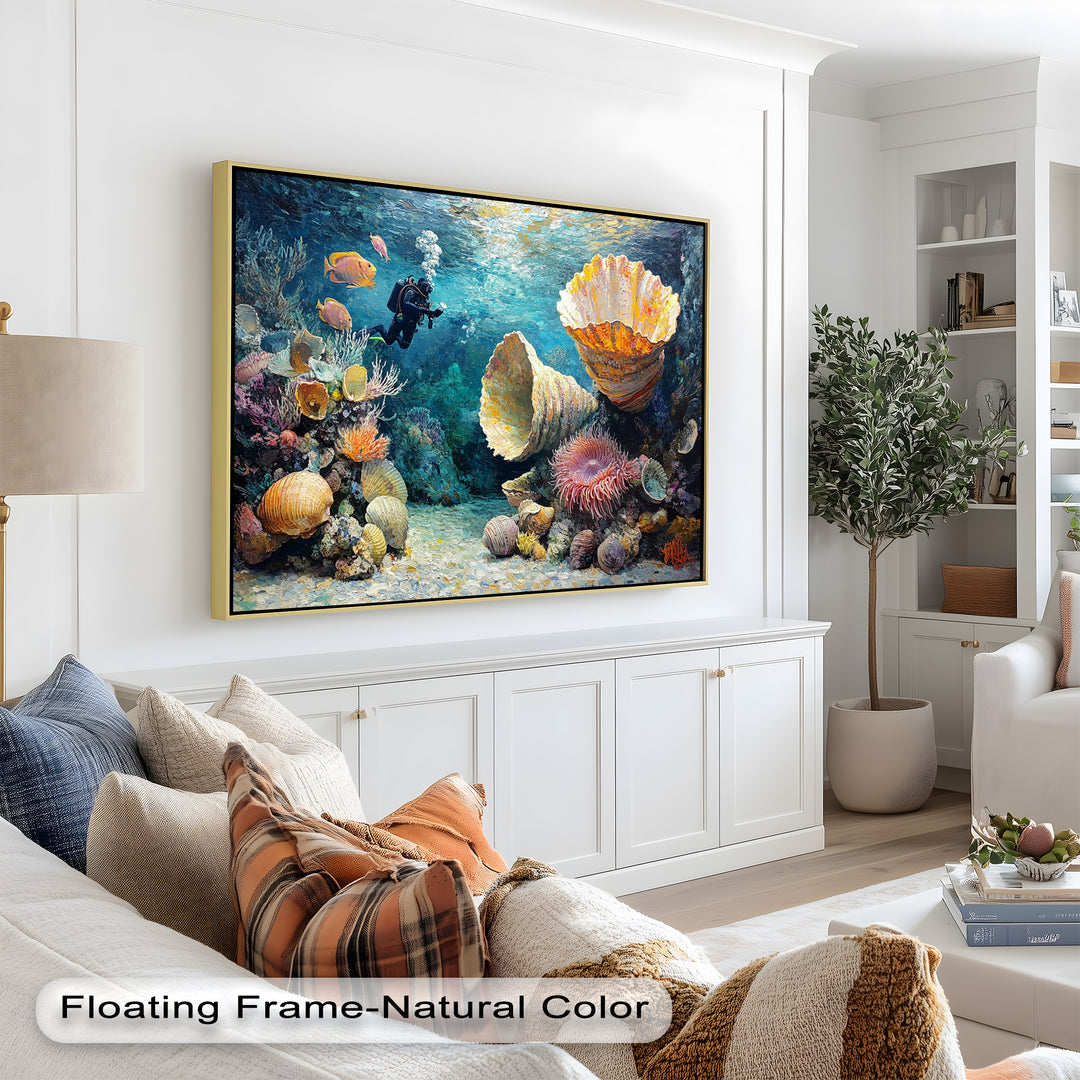 Diver Exploring Coral Reefs with Giant Shells - Animal Oil Painting