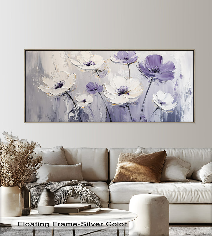 White and Purple Florals on Misty Background - Flower Oil Painting