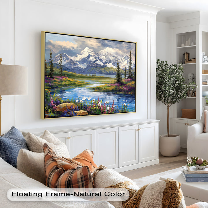 Vintage Mountains & River – Framed Oil Painting