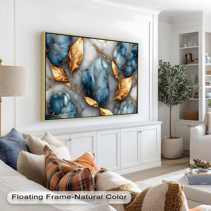 Golden Blue Marble Leaves – Botanical Oil Painting