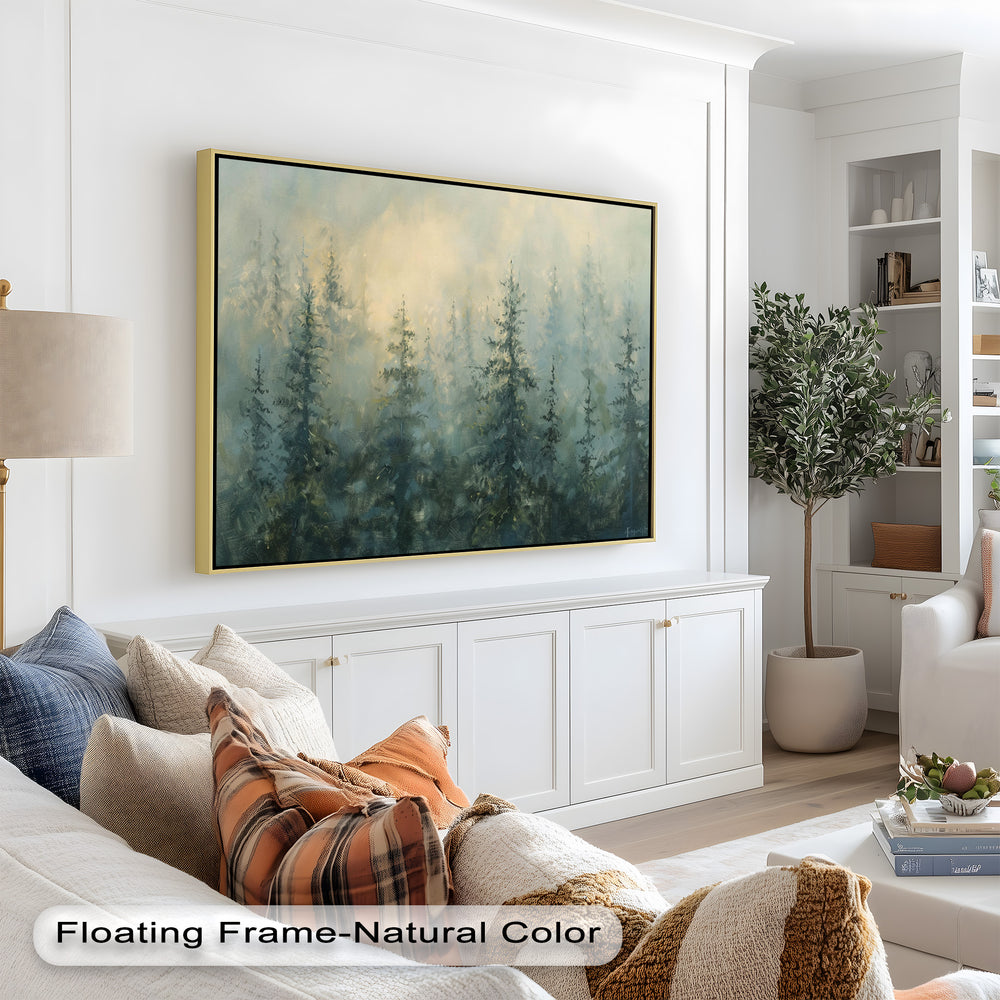 A beautifully textured landscape artwork featuring tall evergreen trees fading into the fog, evoking a peaceful and mysterious woodland scene.