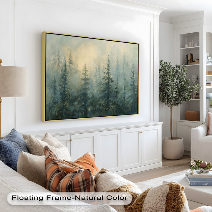 A beautifully textured landscape artwork featuring tall evergreen trees fading into the fog, evoking a peaceful and mysterious woodland scene.