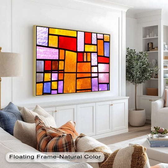The darkest area emphasizes the geometric lines defining this abstract oil painting decoration, a vibrant color block wall art piece in reds, oranges, and purples.