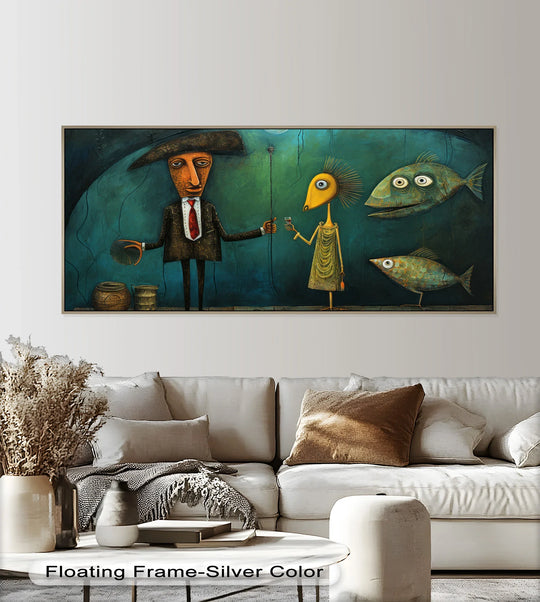 Set against an enigmatic teal backdrop, the surrealist oil painting art prints feature shadowy depths that add a touch of mystery to the whimsical “Underwater Toast” scene.