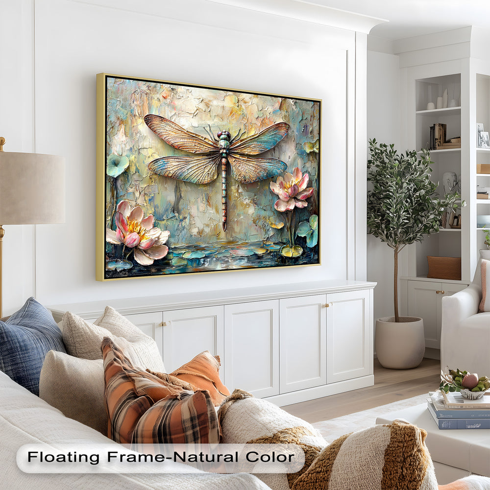 A beautifully sculpted artwork showcasing a vibrant dragonfly resting near a serene pond, with raised floral details and soft pastel tones.