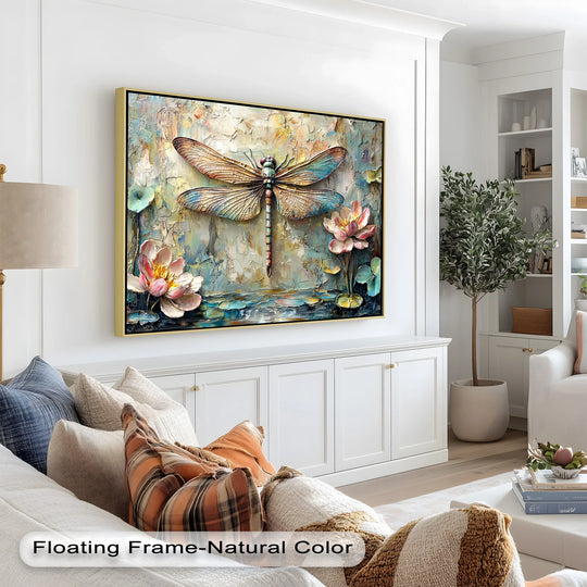 Textural depth and layers define this framed botanical oil painting art prints, where a dragonfly and floral elements emerge from a richly impastoed background.