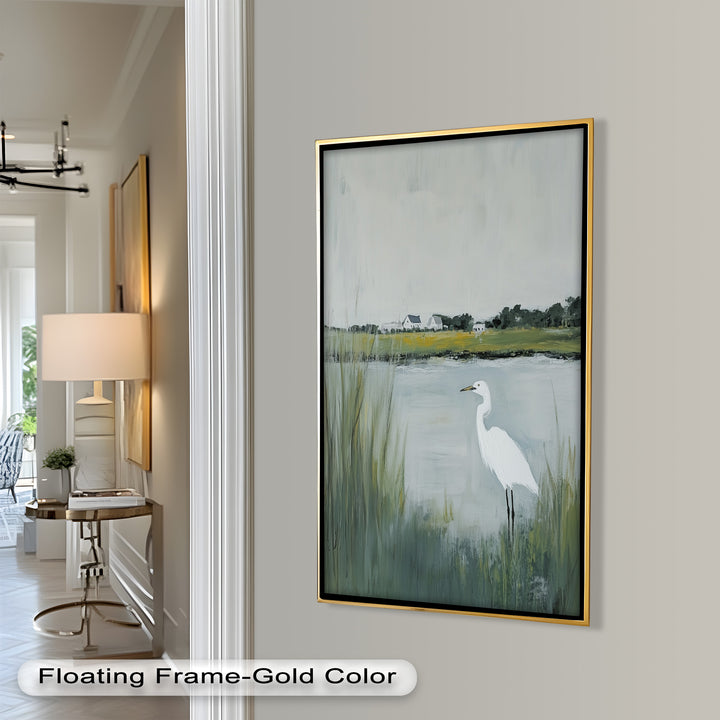 Egret by the Marsh – Minimalist Landscape Oil Painting