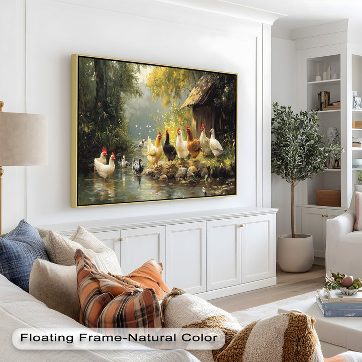 Country Farmyard Chickens by the Stream – Animal Oil Painting