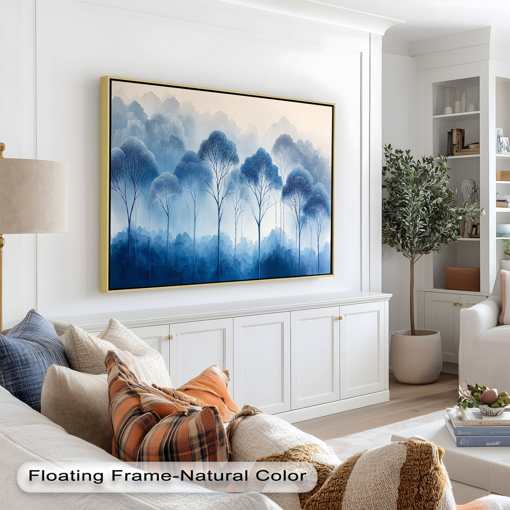 This captivating oil painting features an abstract forest bathed in soft blue hues, creating a dreamlike, peaceful ambiance. The intricate detailing of the tree canopies and the ethereal misty background make this framed wall art a sophisticated statement piece for any home or office.