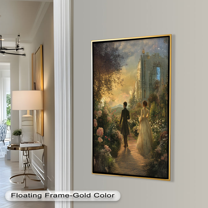 Victorian Lovers at Twilight – Romantic Garden Walk Oil Painting