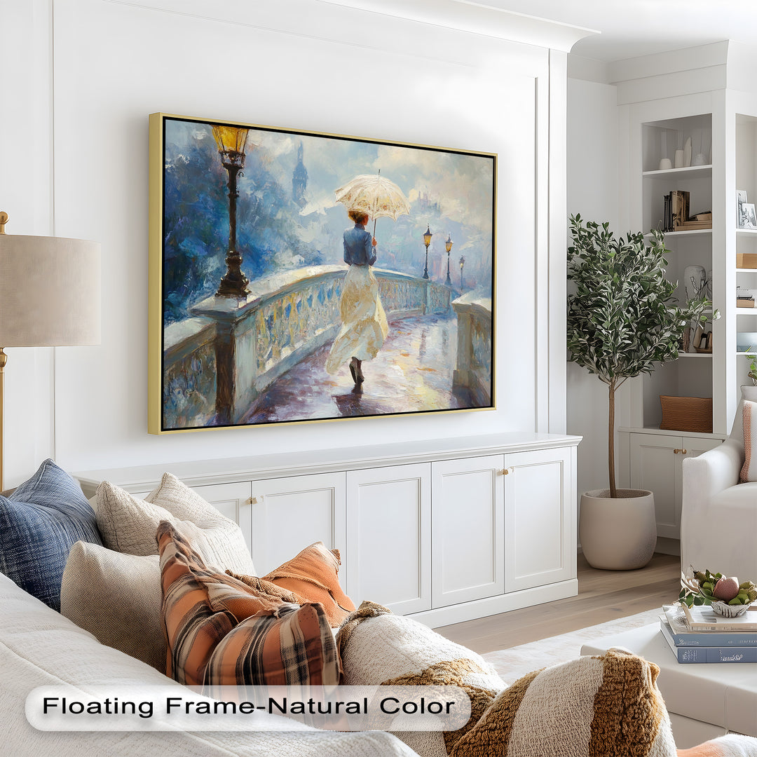 Woman with Umbrella on Cobblestone Bridge – Oil Painting