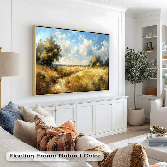 Softest clouds drift serenely in this nostalgic landscape framed art, an oil painting conveying serenity with its delicate brushstrokes and warm hues for oil painting home decor.