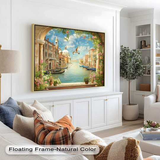 Dominantly featuring a light teal color, the Venice Seaside oil painting shows classic oil painting decoration with gondolas and buildings under a sunny sky.