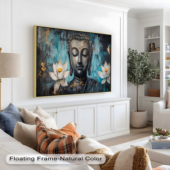 An artistic rendering of the Buddha in peaceful meditation, with white lotuses floating on either side amid soft, expressive brushstrokes.
