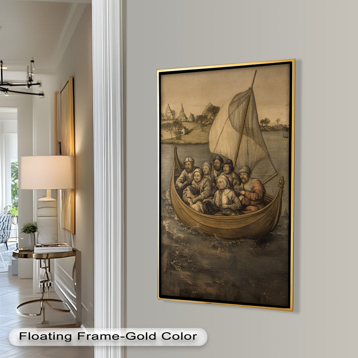 Medieval Sailors in Wooden Vessel - Historic Oil Painting
