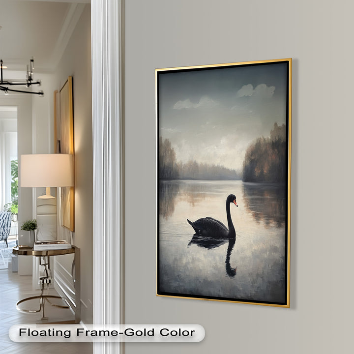 Black Swan at Dusk – Lake Scene Oil Painting