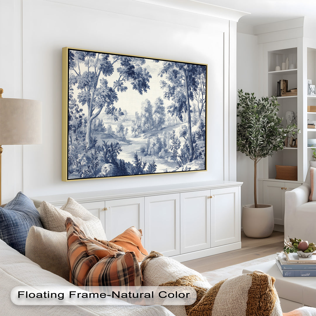 Timeless blue and white forest painting with soft natural scenery.
