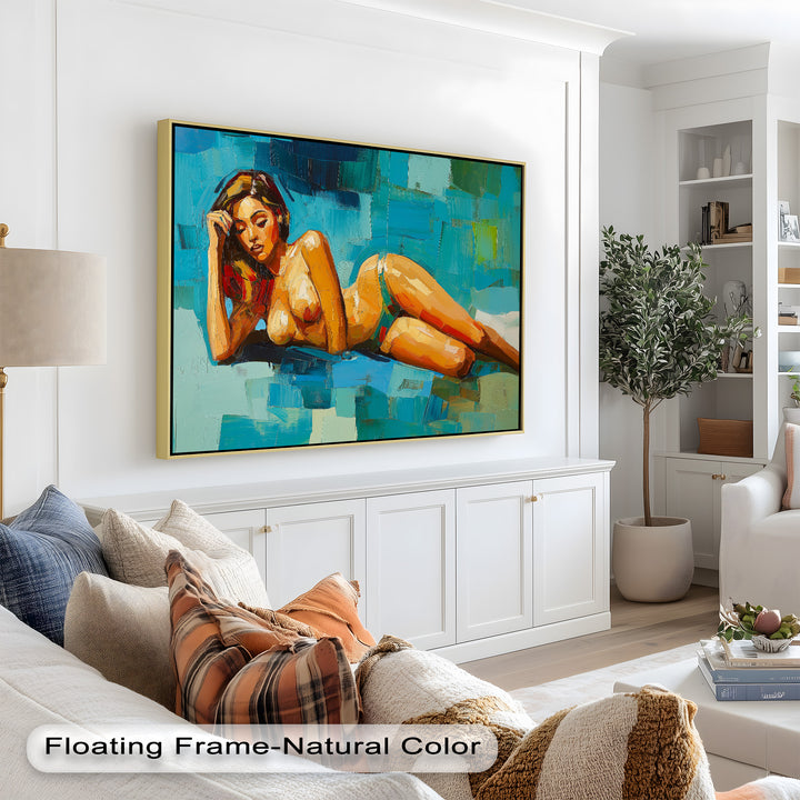 Tropical Repose – Reclining Woman with Ocean Tones Oil Painting