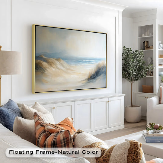 Darkest strokes define the depth within this coastal beach seagulls seascape oil painting art piece, a tranquil depiction framed in natural tones.