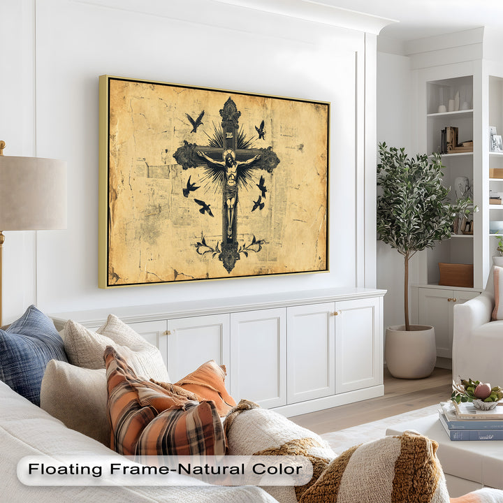 A detailed, hand-drawn religious artwork blending classic iconography with vintage aesthetics, featuring a crucifix with ornamental flourishes and an aged paper effect.