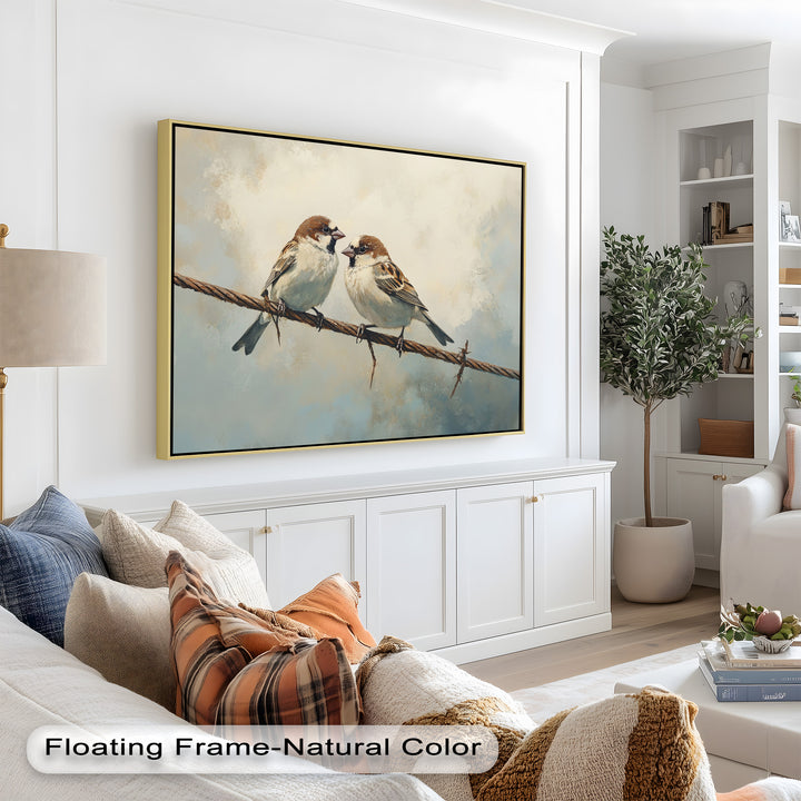 Two Sparrows on a Wire – Bird Oil Painting