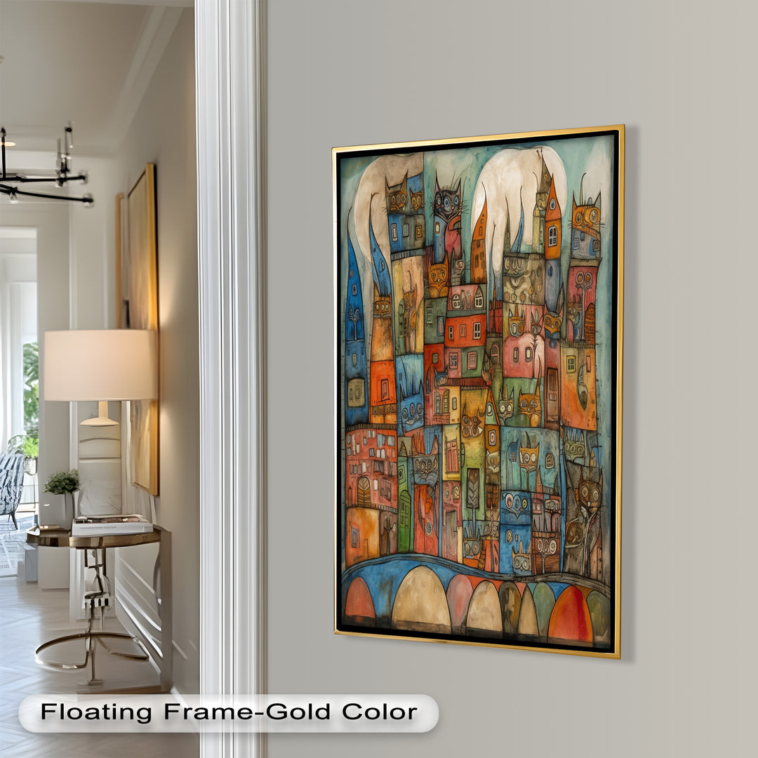 Whimsical Cat Cityscape – Surreal Architecture and Feline Picasso Oil Painting