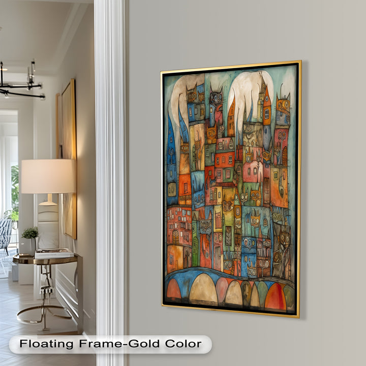 Whimsical Cat Cityscape – Surreal Architecture and Feline Picasso Oil Painting