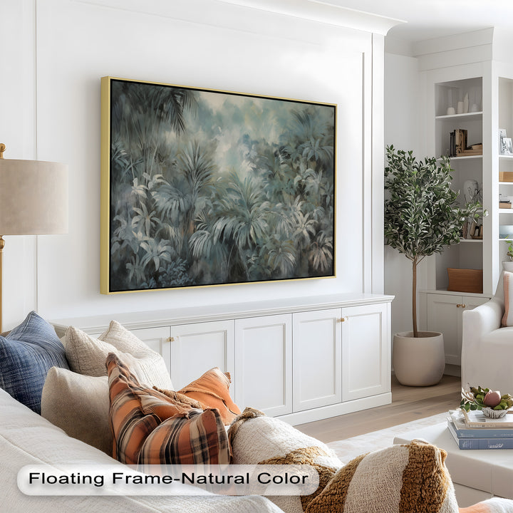 A dreamy jungle landscape with lush palm leaves and soft, muted tones, evoking calm and tranquility.

