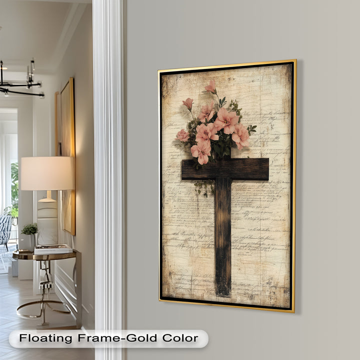 Holzkreuz mit rosa Blüten - Christliches Ölgemälde