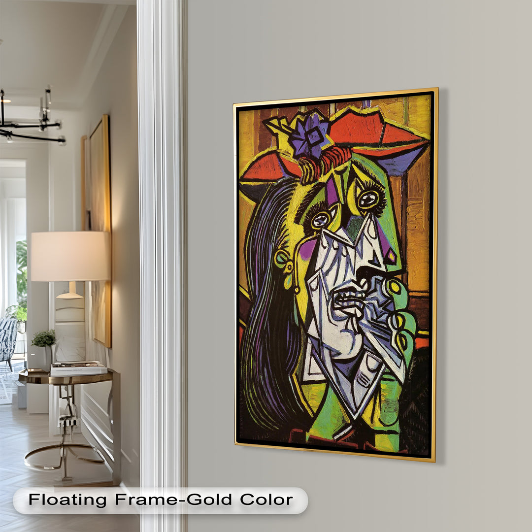 A dramatic cubist portrait of a woman in distress, with exaggerated features, bold colors, and expressive angular forms.

