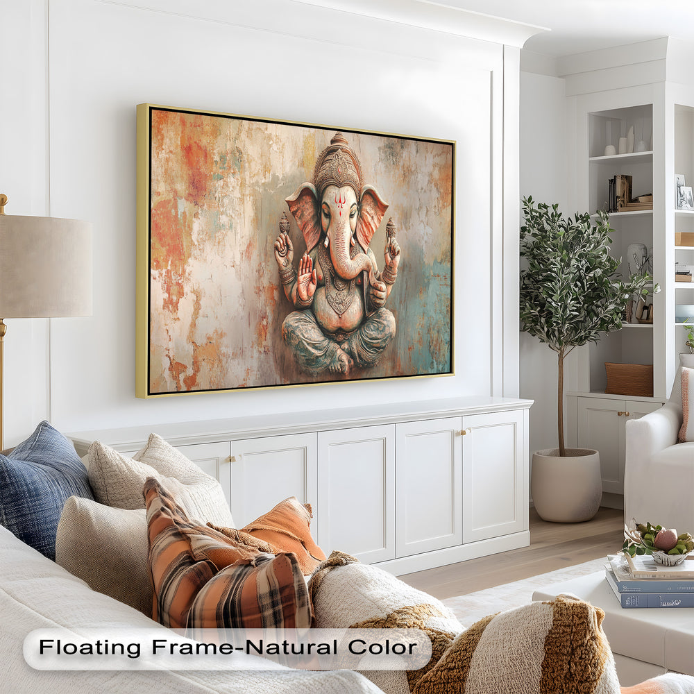 A serene depiction of Ganesha with raised hands in a blessing gesture, surrounded by warm, rustic colors and aged textures.