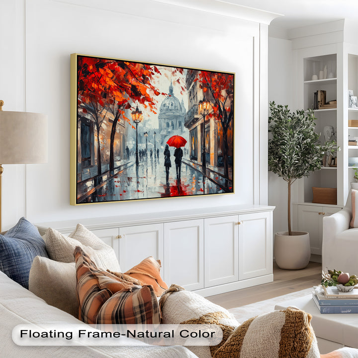 Lovers Walking with Red Umbrella - Love Oil Painting