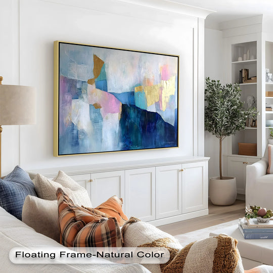 Deepest indigo hues anchor the 'Blue Horizon Abstract' oil painting artwork, a contemporary piece featuring vibrant golds and pastels.
