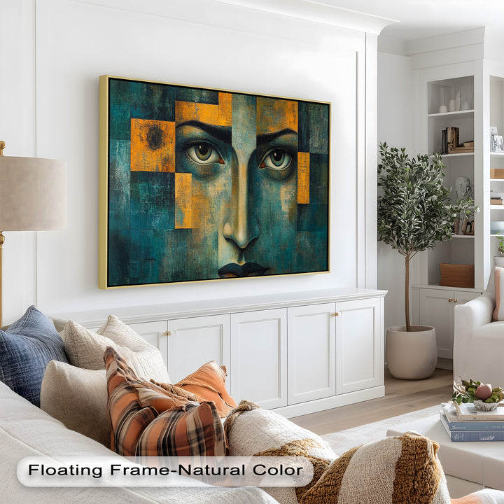 Dramatic modern portrait blending realism with abstract golden elements.
