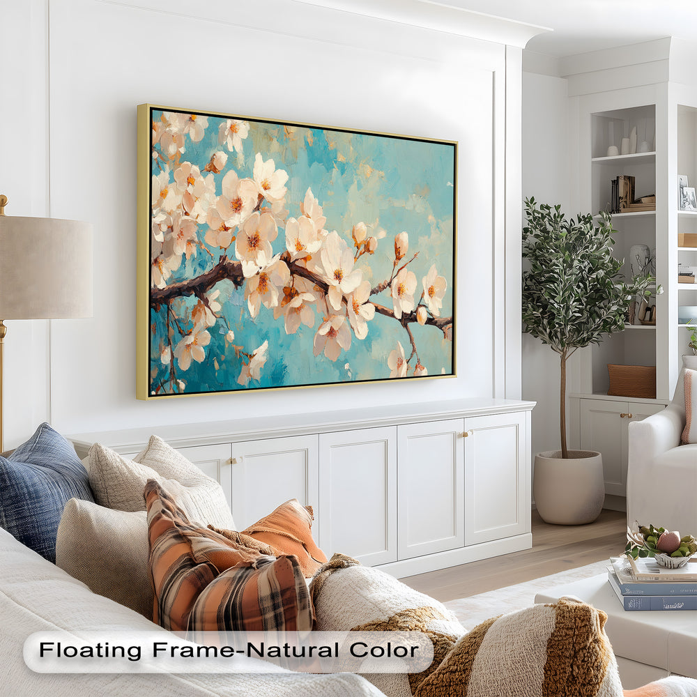 An elegant springtime scene featuring blossoming flowers in shades of cream and peach on a painterly aqua-blue background.