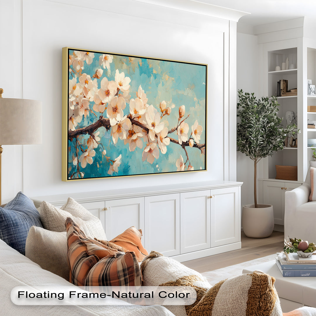 An elegant springtime scene featuring blossoming flowers in shades of cream and peach on a painterly aqua-blue background.