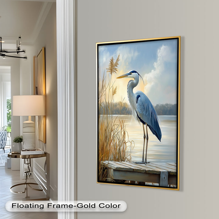 Majestic Heron in Misty Marshland - Animal Oil Painting