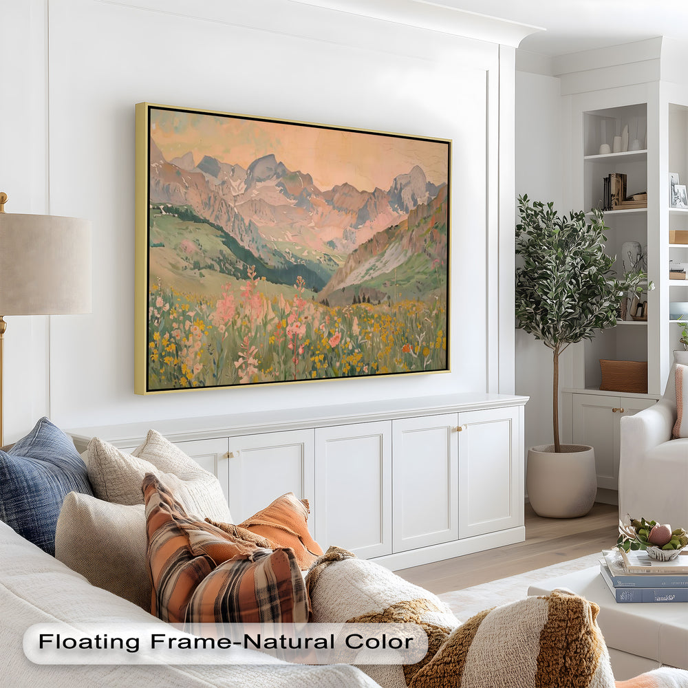 A beautifully detailed nature-inspired wall art piece depicting a peaceful alpine meadow, colorful blossoms, and majestic mountain peaks in the background