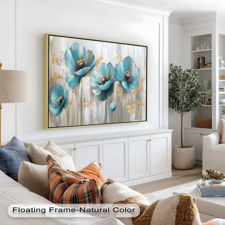 Blue Poppies with Metallic Accents - Flower Oil Painting