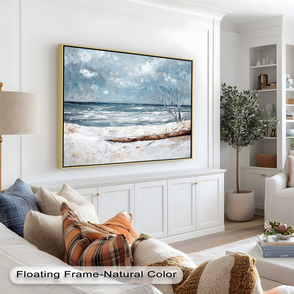 With textured brushstrokes and cool tones, the artwork evokes a peaceful and contemplative atmosphere perfect for serene interior spaces.