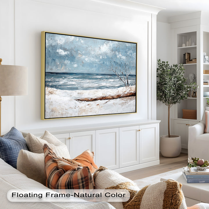 With textured brushstrokes and cool tones, the artwork evokes a peaceful and contemplative atmosphere perfect for serene interior spaces.