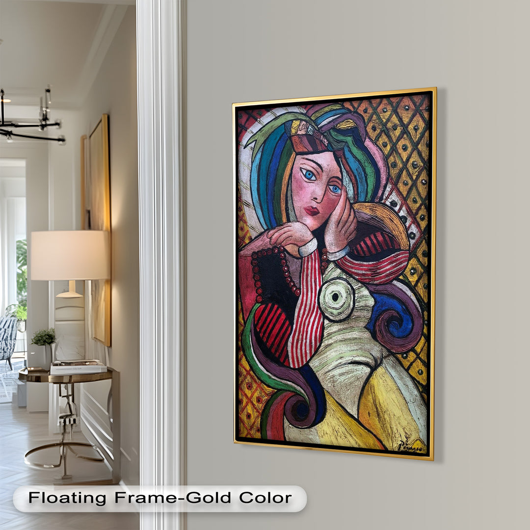 Melancholy in Stripes – Colorful Cubist Woman Portrait Picasso Oil Painting